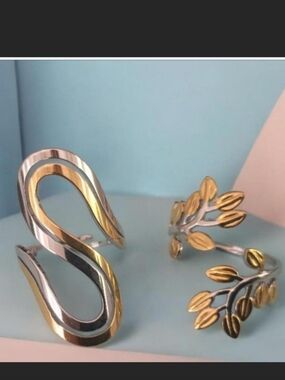 Two-Tone Gold & Silver Leaf Cuff Rings - Women Jewelry